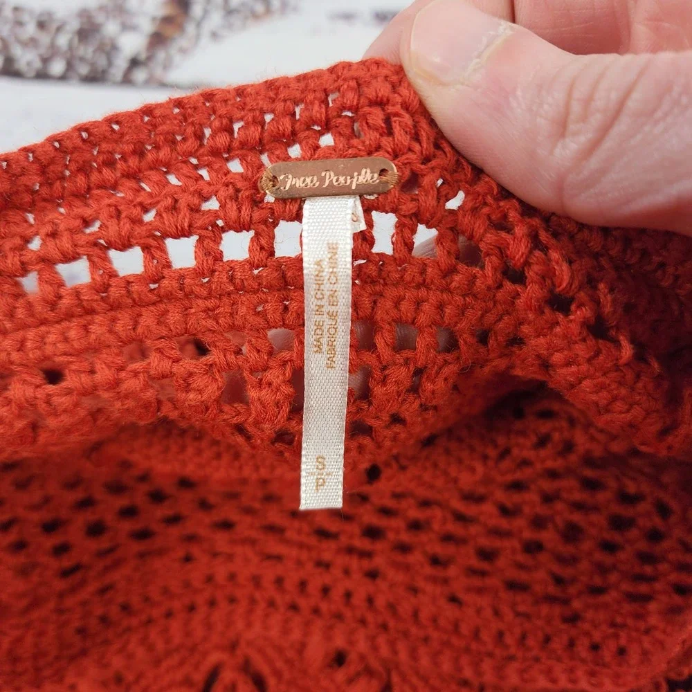 Free People Rosalind Crochet Mini Dress SP Small Petite‎ Orange Boho Bell Sleeve